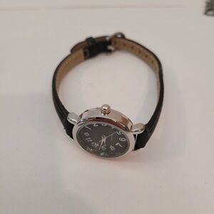 FMD Wrist Watch Women Black Leather Strap Silver Bezel FMDKH882 Japan Vintage